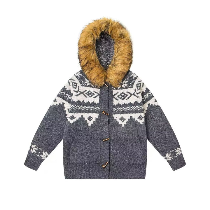 Damen Modische Strickjacke mit Kapuze und kunstfellbesetztem Kragen Drune