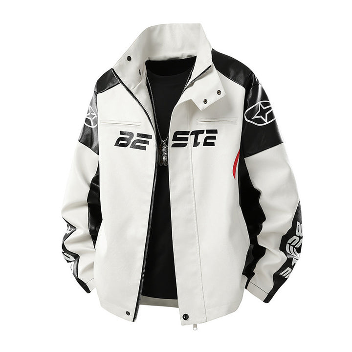 Herren Modische Kunstlederjacke mit Kontrastärmel Drune