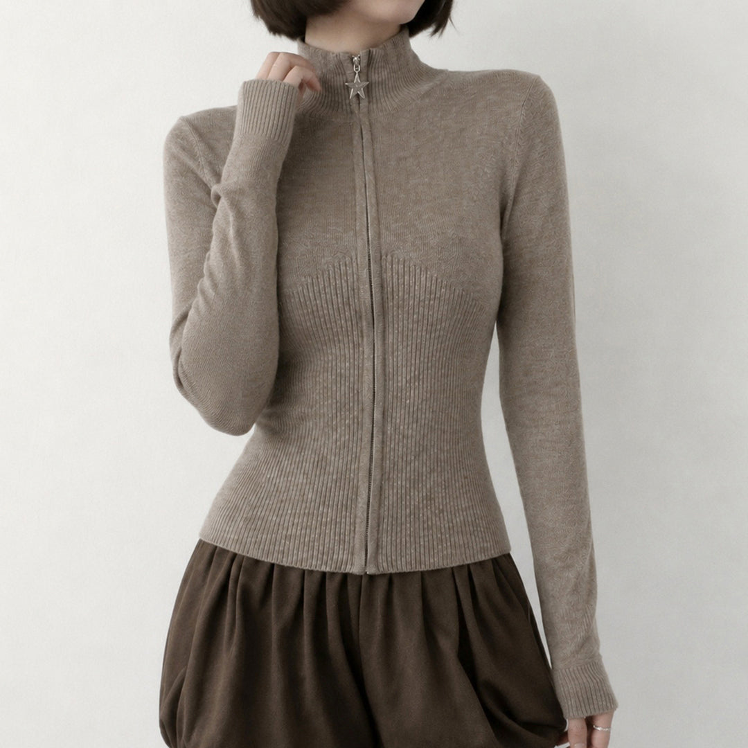 Damen Figurbetonter Zip-Pullover mit Stehkragen und taillierter Rippstruktur Drune