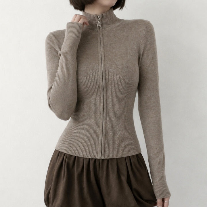 Damen Figurbetonter Zip-Pullover mit Stehkragen und taillierter Rippstruktur Drune