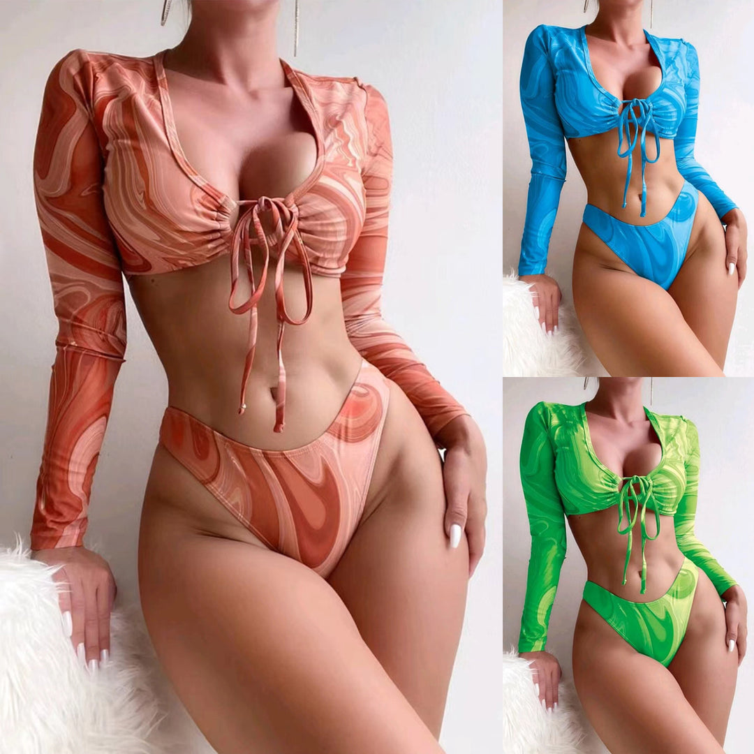 Damen Surf-Bikini-Set mit langärmligem Crop-Top und hochgeschnittenen Unterteilen Drune