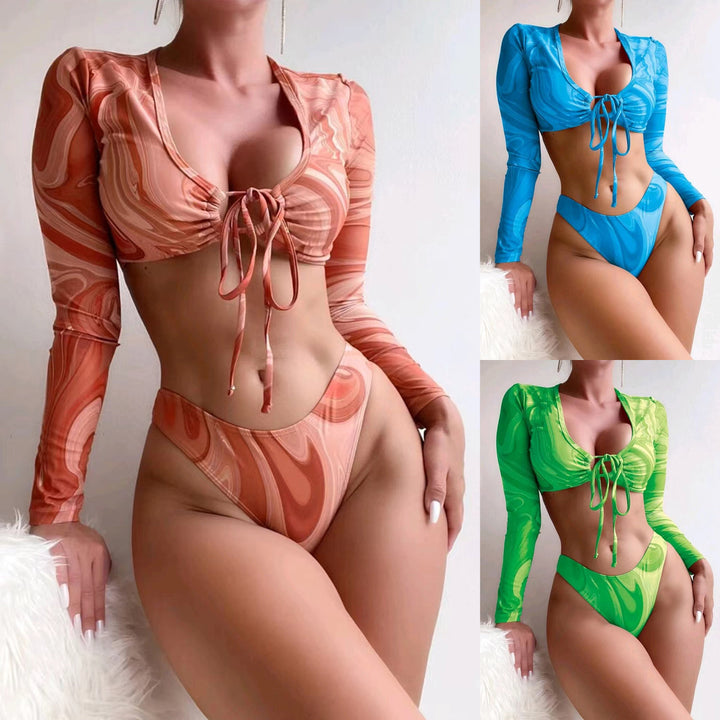 Damen Surf-Bikini-Set mit langärmligem Crop-Top und hochgeschnittenen Unterteilen Drune