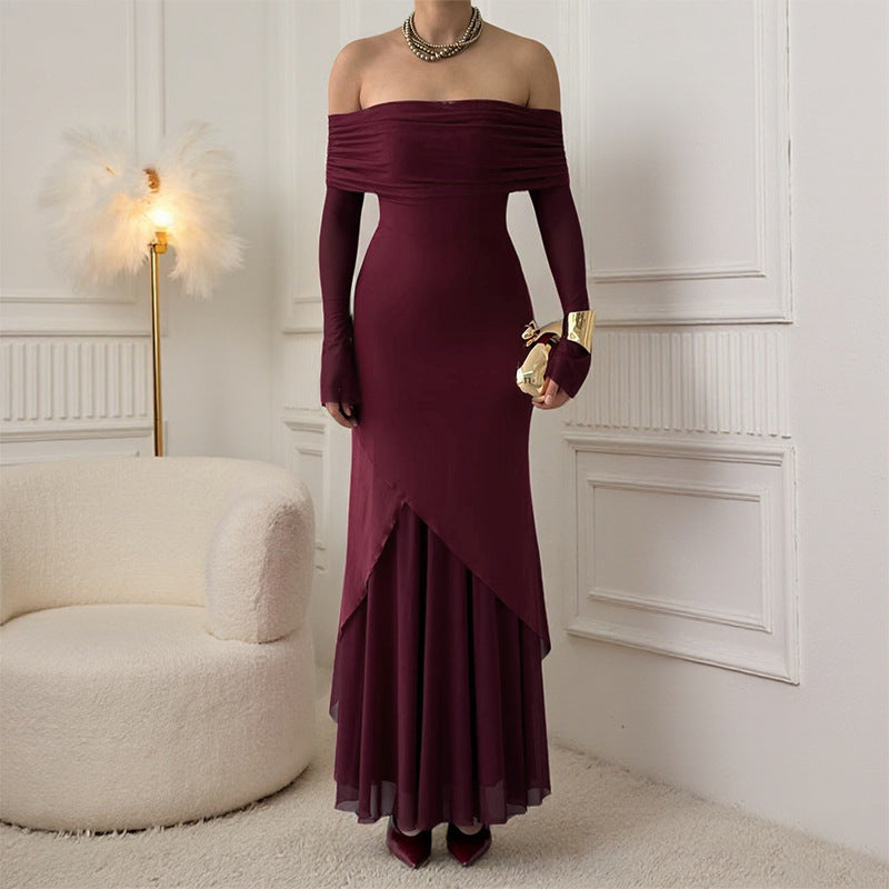Damen elegantes schulterfreies Maxikleid mit raffiniertem Rüschenoberteil und asymmetrischem Saum Drune