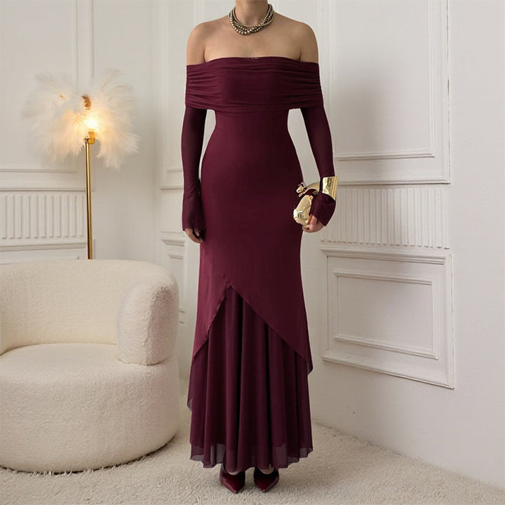 Damen elegantes schulterfreies Maxikleid mit raffiniertem Rüschenoberteil und asymmetrischem Saum Drune