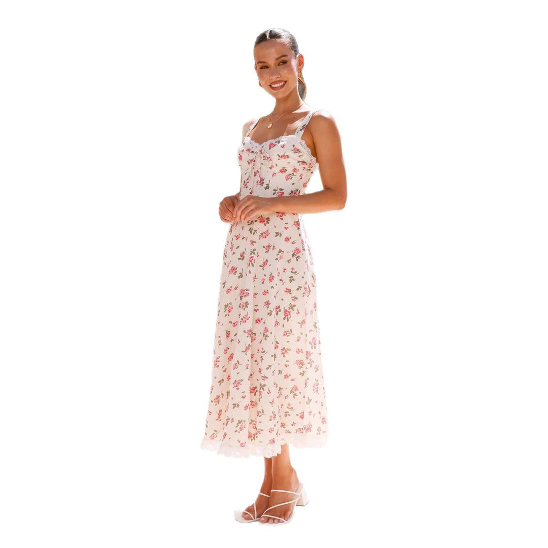 Damen Maxikleid mit romantischem Blumendruck und Rüschendetails Drune