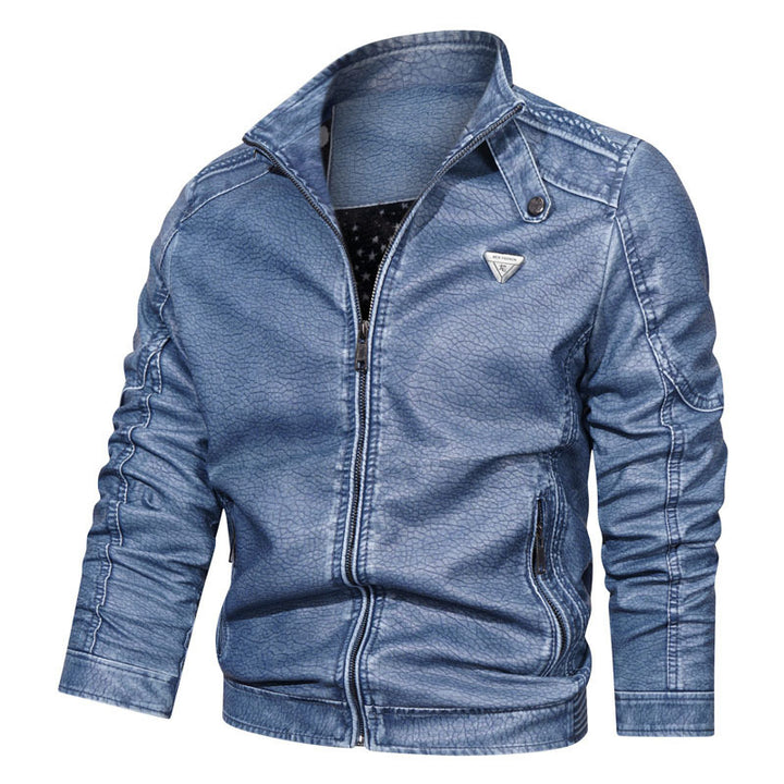 Herren Kunstlederjacke im Vintage-Denim-Look mit gerafften Ärmeln und Stehkragen Drune