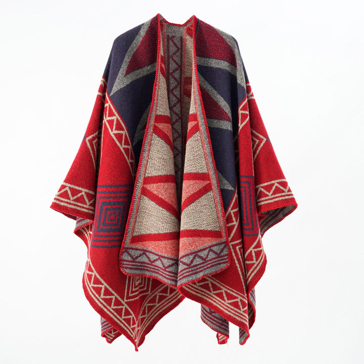 Damen Geometrischer Wollmix-Überwurfponcho mit Kettelkante Drune
