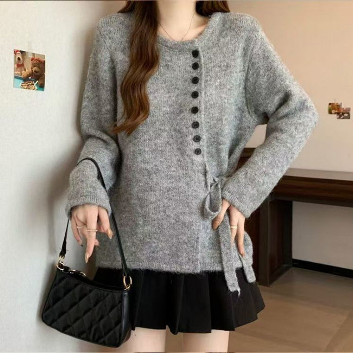 Damen Strickjacke mit seitlichem Bindeband und Knopfdetails Drune