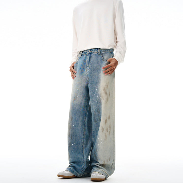 Herren Oversize-Baggy-Denim-Jeans mit künstlerischem Farb-Splatter und weitem Saum Drune