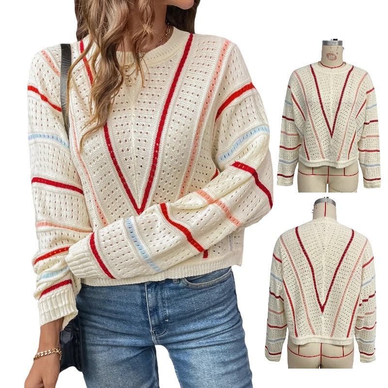 Damen Strickpullover mit großzügiger Lochmusterstruktur und farbigen Akzenten Drune
