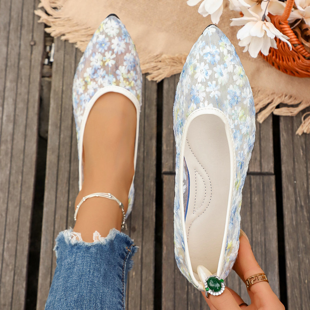 Damen Flache spitze Ballerinas aus besticktem Mesh mit floralem Muster und gepolstertem Fußbett Drune