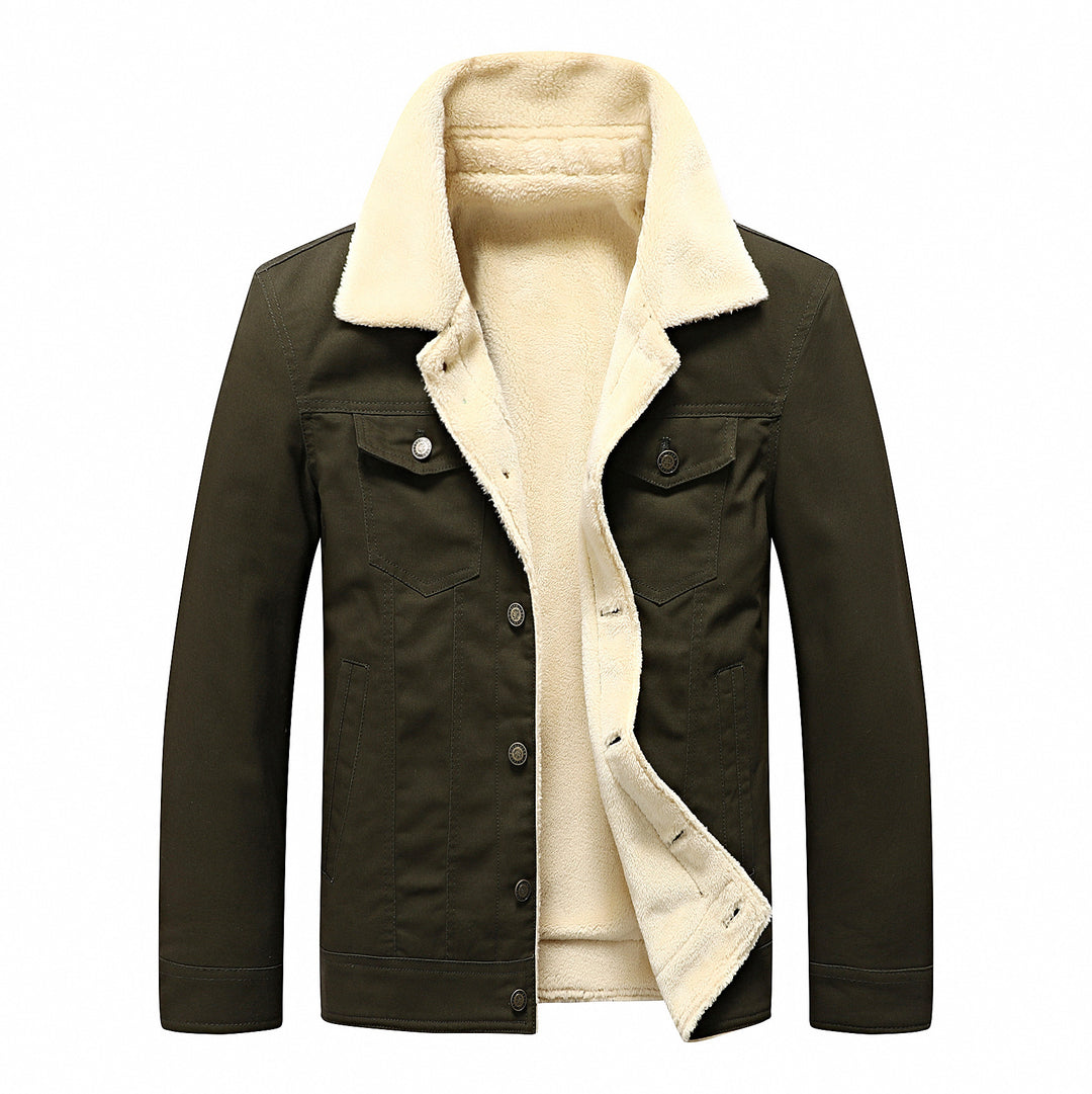 Herren Gefütterte Sherpa‑Truckerjacke mit Kunstfellkragen und Pattentaschen Drune