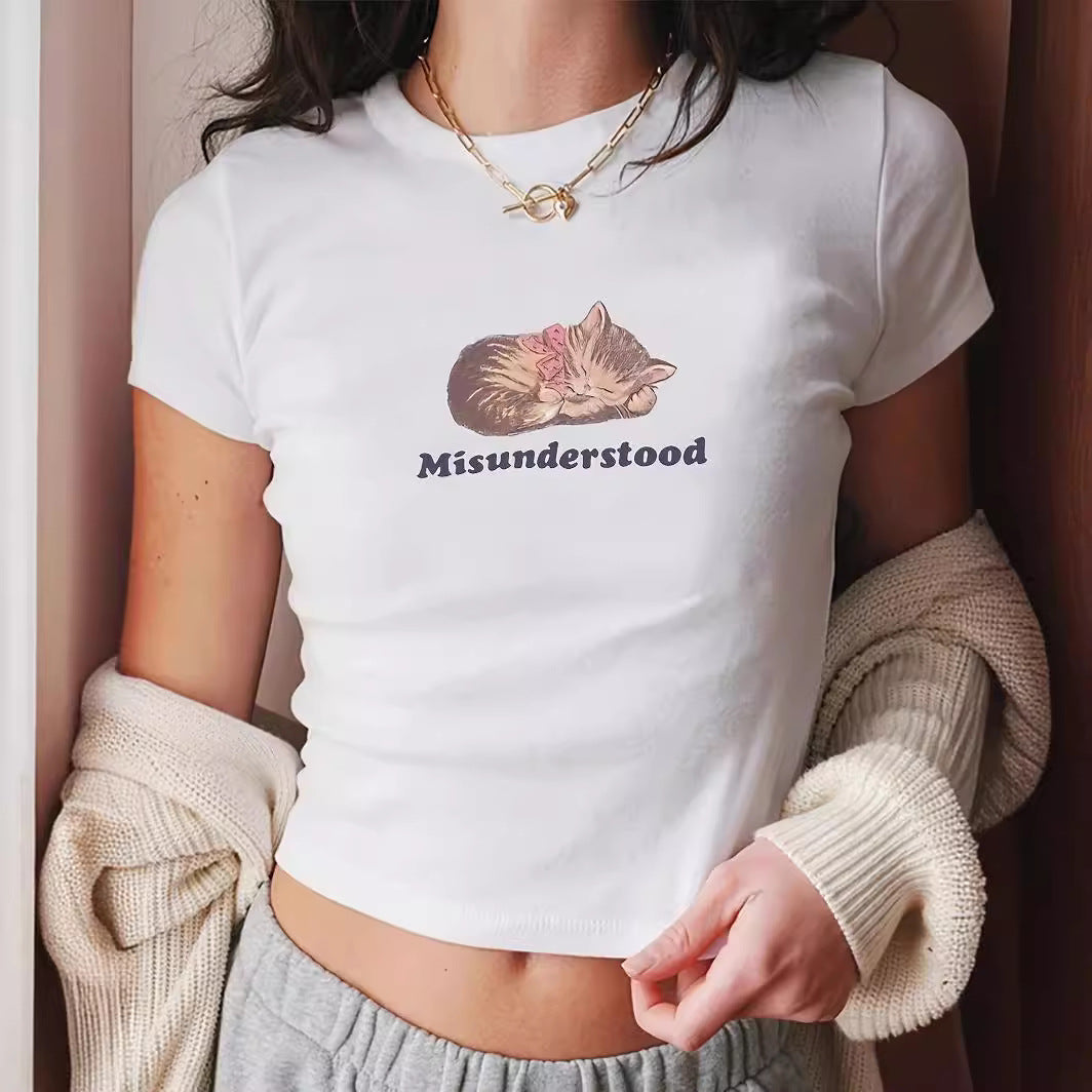 Damen Kurzarm T-Shirt mit aufgedrucktem Lippenmotiv Drune