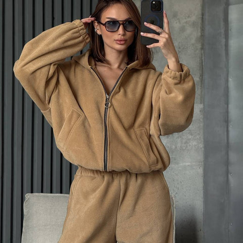 Damen Plüsch-Loungewear-Set mit Reißverschluss-Kapuzenjacke und taillenhoher Jogginghose Drune