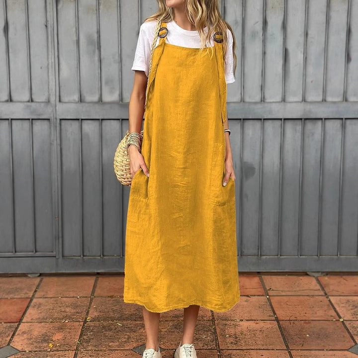 Damen lässiges Leinenkleid mit praktischen Taschen und verstellbaren Trägern Drune