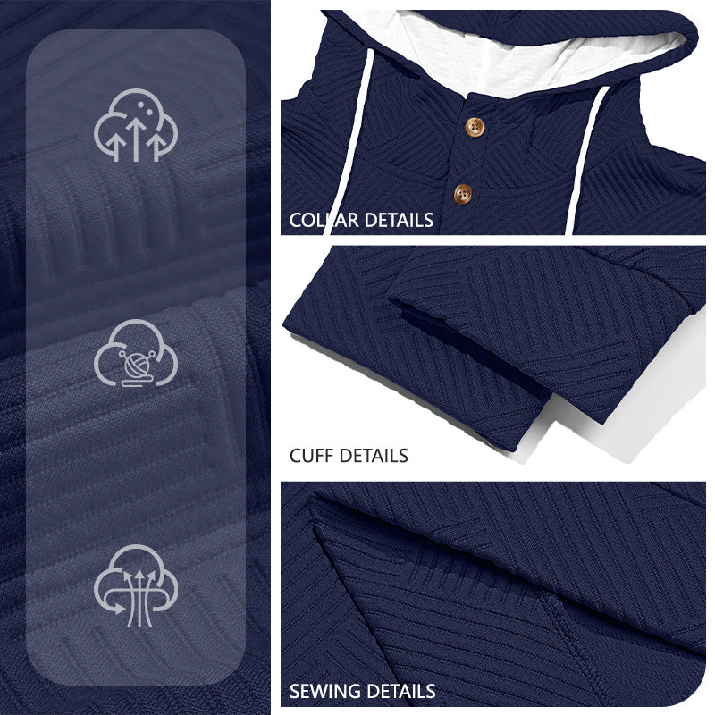 Herren nan strukturierter Kapuzen-Henley-Pullover mit Jacquardstruktur, Knopfleiste und Ellenbogenpatches Drune
