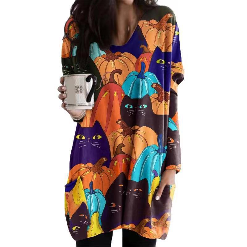 Damen Oversized Grafik Katze und Kürbis Tunika Kleid Drune