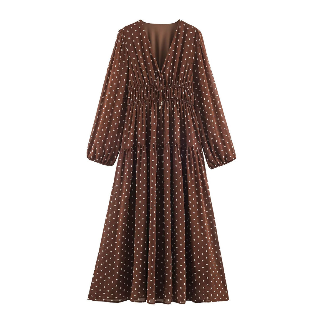 Damen Luftiges Chiffon-Midikleid mit tiefem V-Ausschnitt, geraffter Smock-Taille und Volantstufen Drune