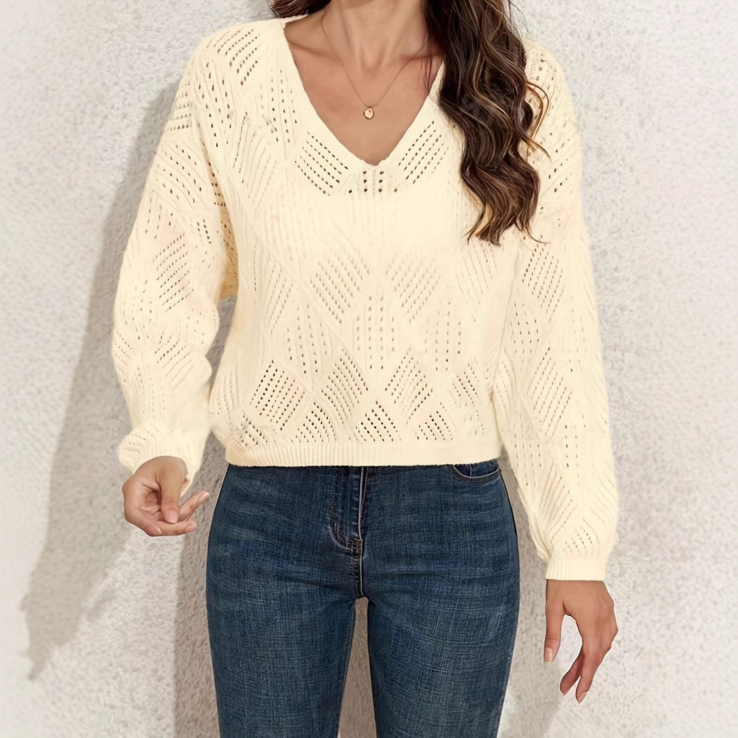 Damen V-Ausschnitt Grobstrickpullover mit filigranem Lochmuster Drune