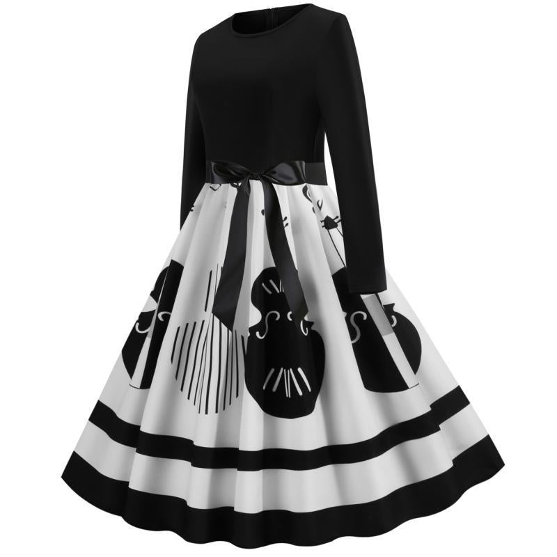 Damen Swing-Kleid im Retro-Stil mit instrumentalem Print, tailliertem Oberteil und voluminösem Tellerrock Drune