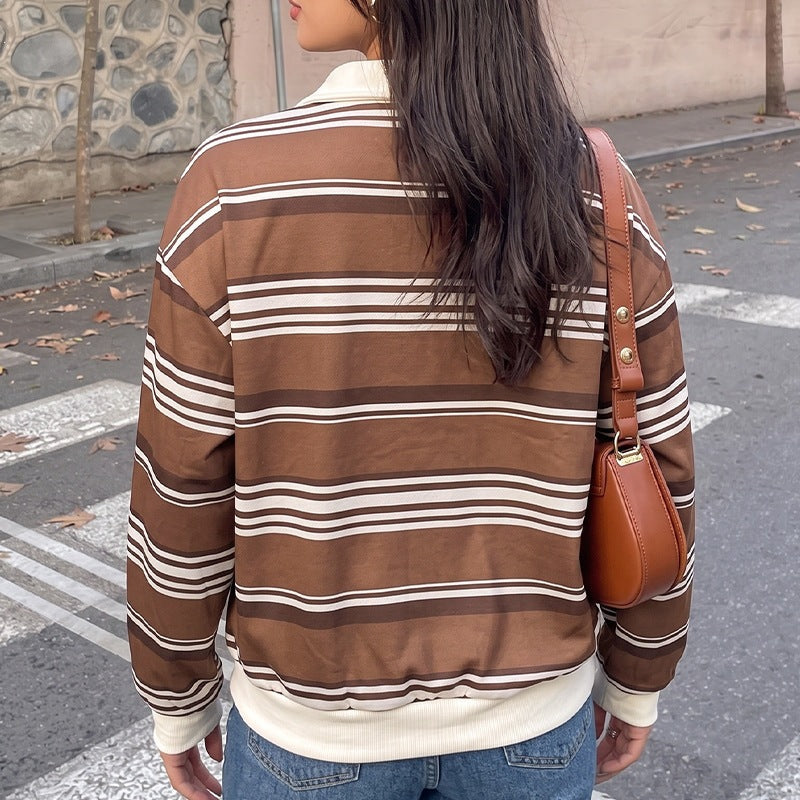 Damen Gestreifter Rugby-Pullover mit Polokragen und Oversize-Passform Drune