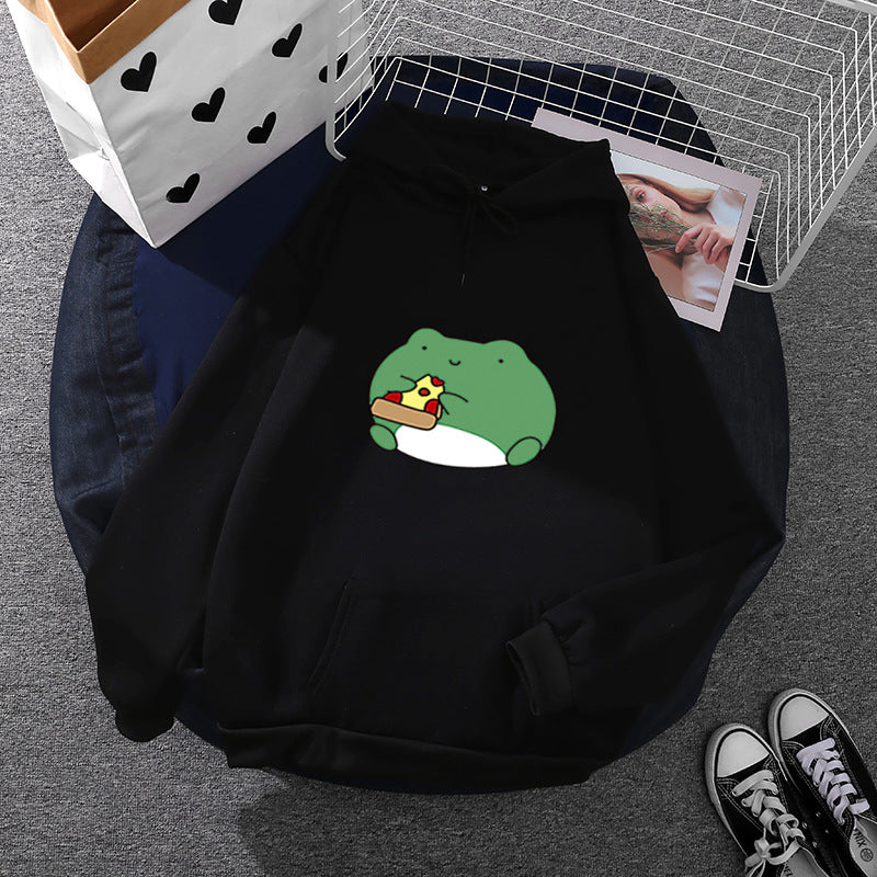 Damen nan gemütlicher Kapuzenpullover mit kawaii Frosch‑Pizza‑Motiv und oversized Relax‑Fit Drune
