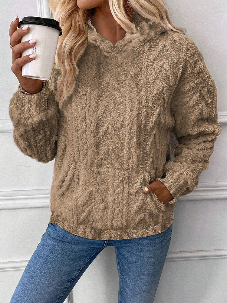 Damen nan kuscheliger Teddyfleece-Pullover mit Kängurutasche und leichtem Stehkragen Drune