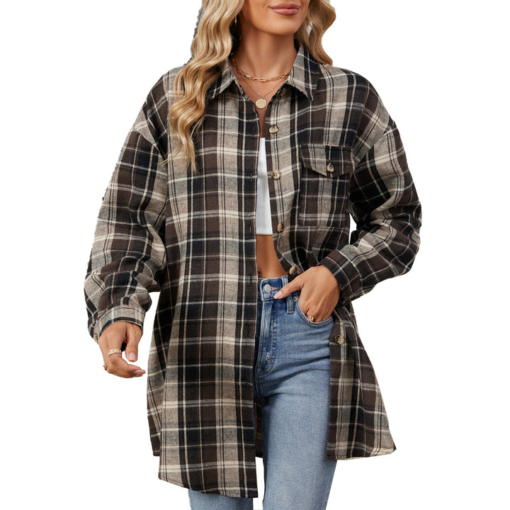Damen Oversized Karobluse mit legerem Schnitt und Knopfdetails Drune