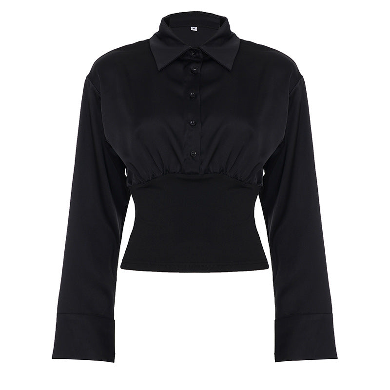 Damen nan taillierte Cropped-Bluse mit Hemdkragen und breitem Stretchbund Drune