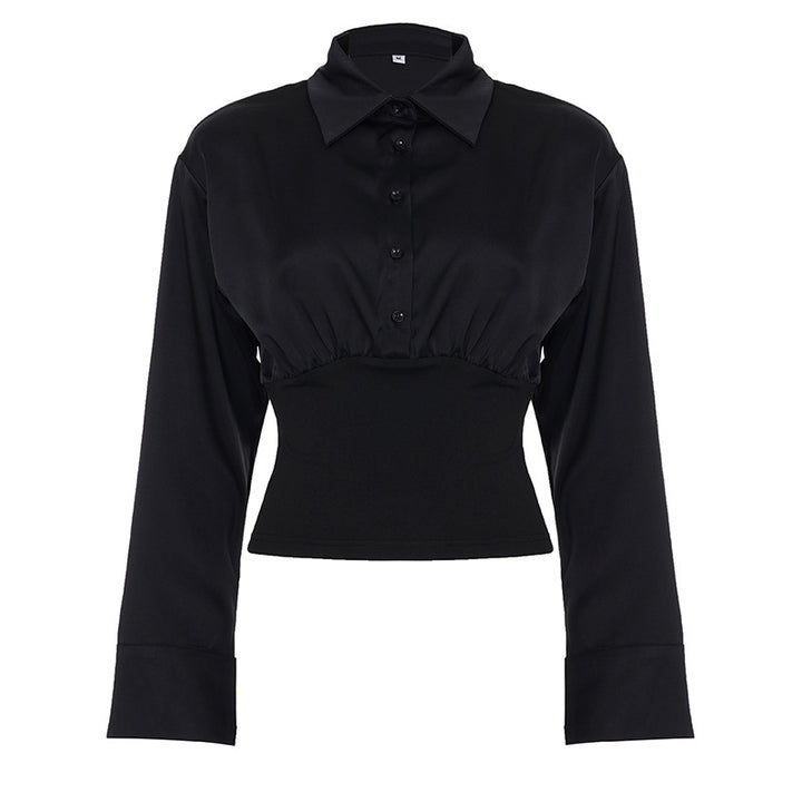 Damen nan taillierte Cropped-Bluse mit Hemdkragen und breitem Stretchbund Drune