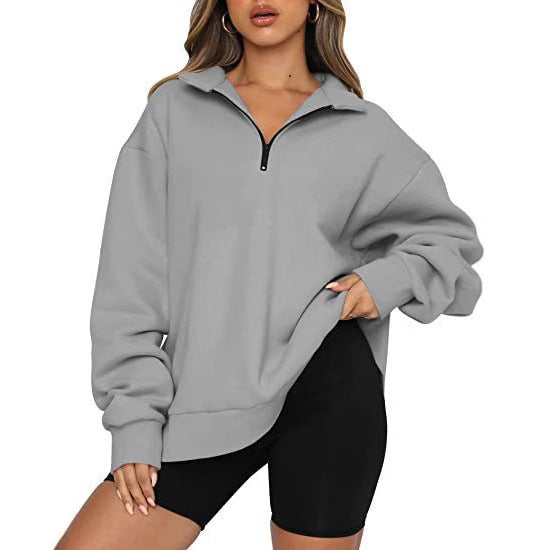 Damen nan oversized Sweatshirt mit halbem Reißverschluss, Stehkragen und überschnittener Schulter Drune