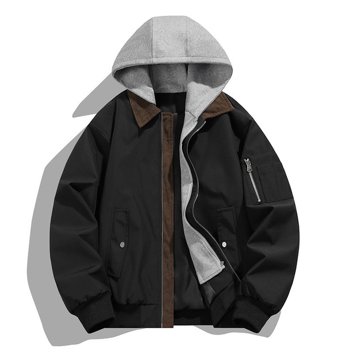 Herren lässige Freizeit-Bomberjacke mit innenliegendem Kapuzenlayer und Cord-Stehkragen Drune