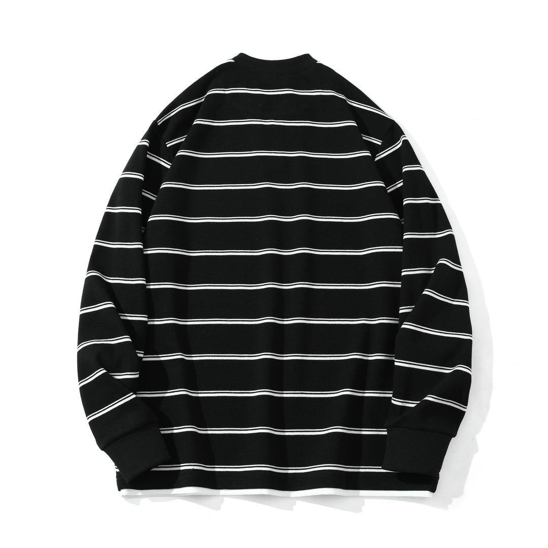 Unisex Gestreiftes Langarm-Sweatshirt mit V-Notch und Waffelstruktur Drune