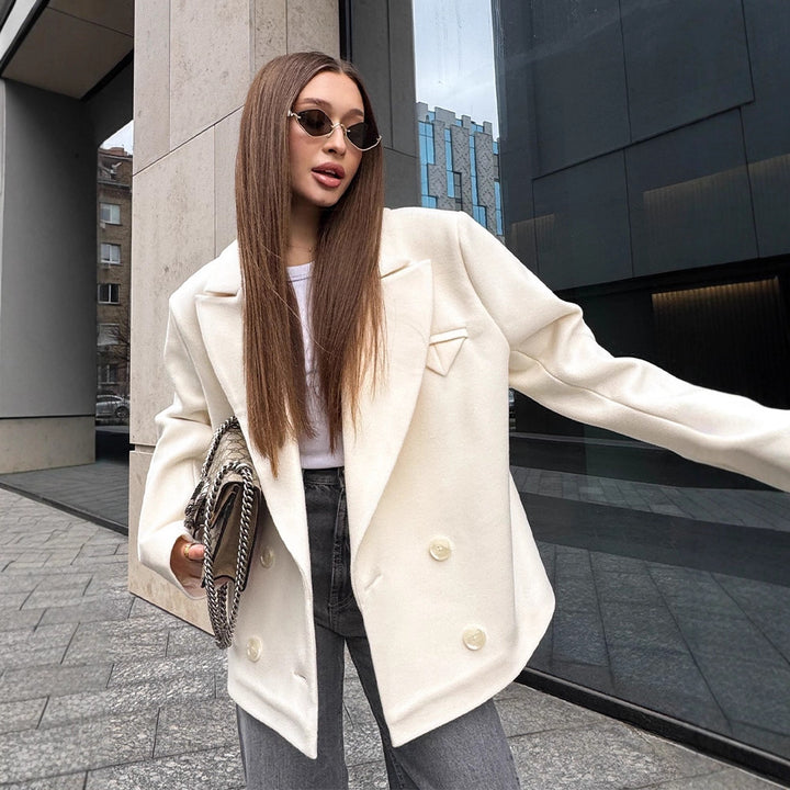 Damen Oversize Doppelreihiger Kurzblazer im Cocoon-Schnitt aus Wollmix Drune