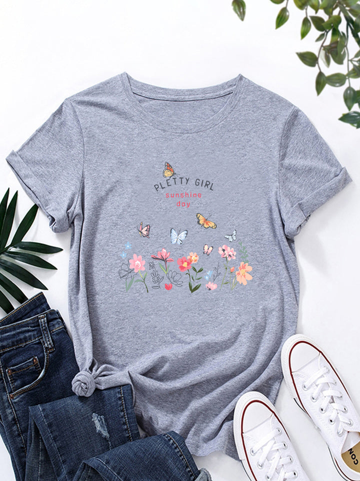 Damen T-Shirt mit verspieltem Blumendruck und elegantem Aufdruck Drune