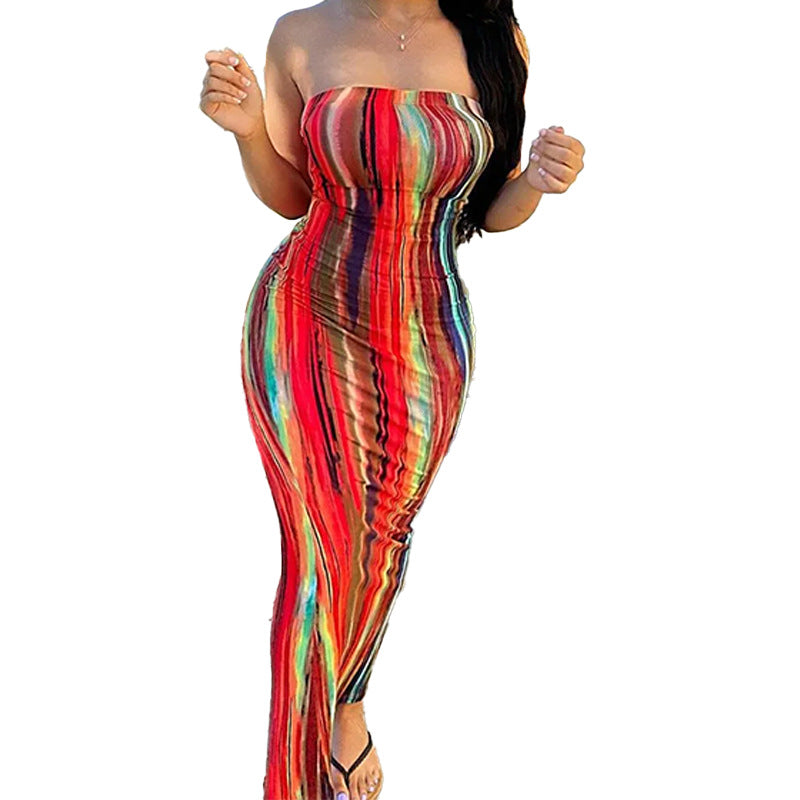 Damen Maxikleid mit elegantem schulterfreiem Design und farbenfrohem Muster Drune