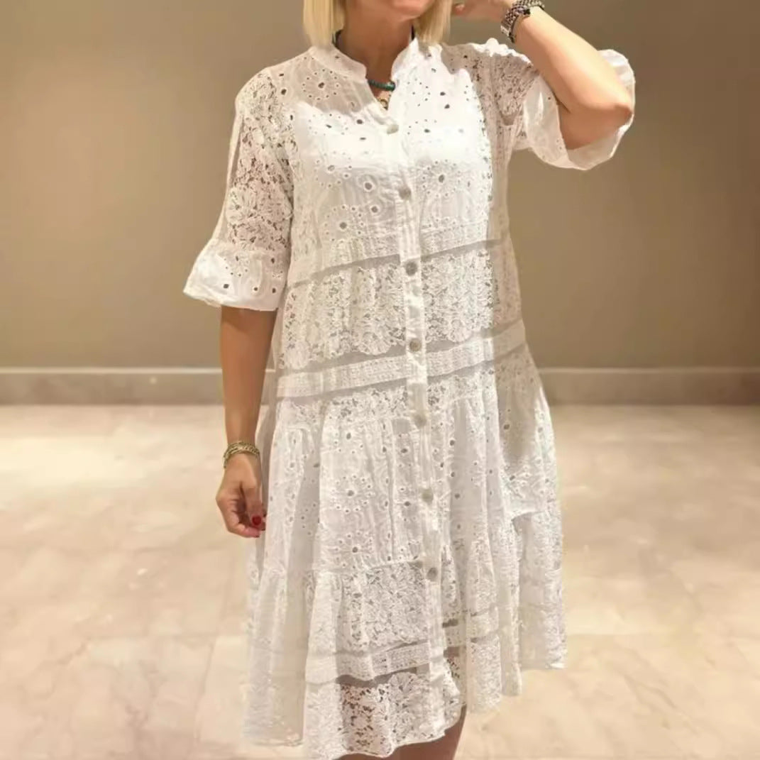 Damen nan Hemdblusen-Midikleid mit Spitzen-Einsätzen, Stufenrock und durchgehender Knopfleiste Drune
