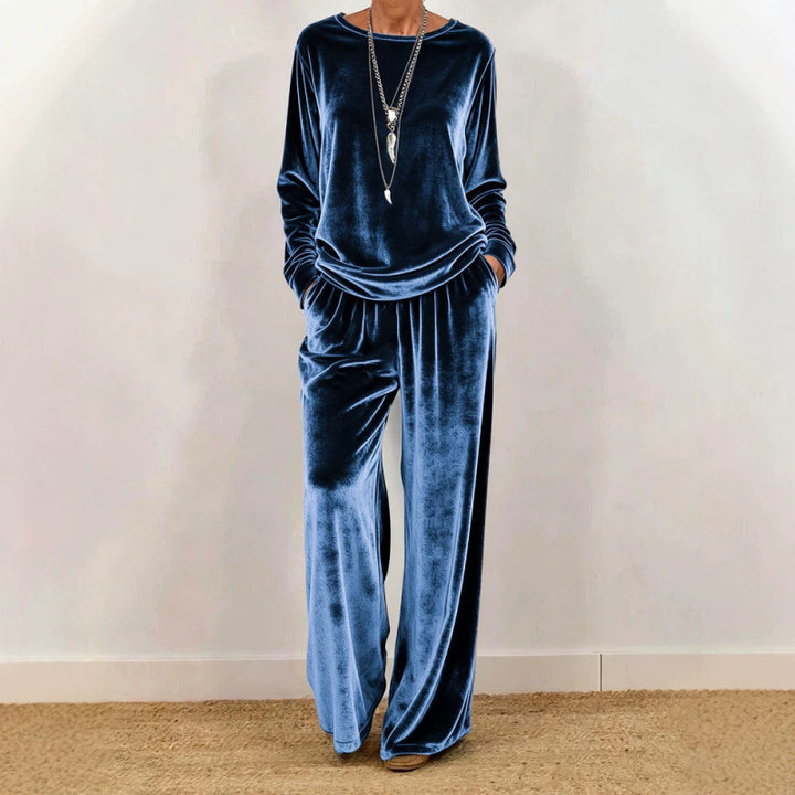 Damen Samt-Loungewear-Set mit weitem Bein, elastischem Bund und Rundhalsausschnitt Drune