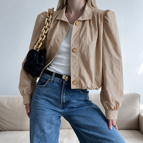 Damen Leichte Kurzjacke mit Ballonärmeln, Puffschultern & Gummizugsaum Drune
