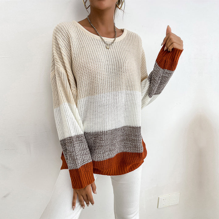 Damen Grobstrick-Colorblock-Pullover, Oversize mit Rundhalsausschnitt und verlängerten Ärmelbündchen Drune