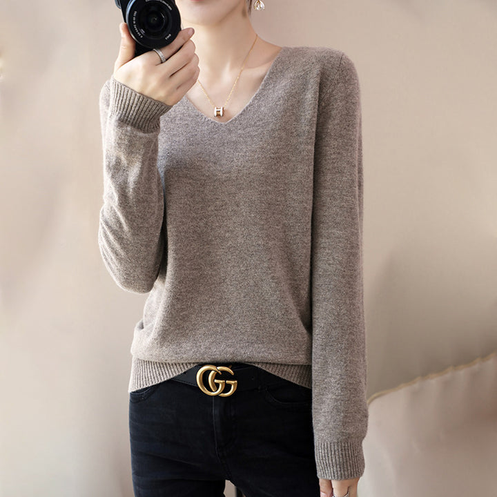 Damen V-Ausschnitt Pullover in Kaschmir-Optik mit legerem Schnitt und Rippbündchen Drune