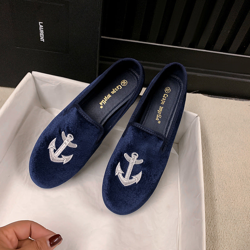 Damen Samt-Slipper mit Sonnenstickerei und goldener Absatzkappe Drune