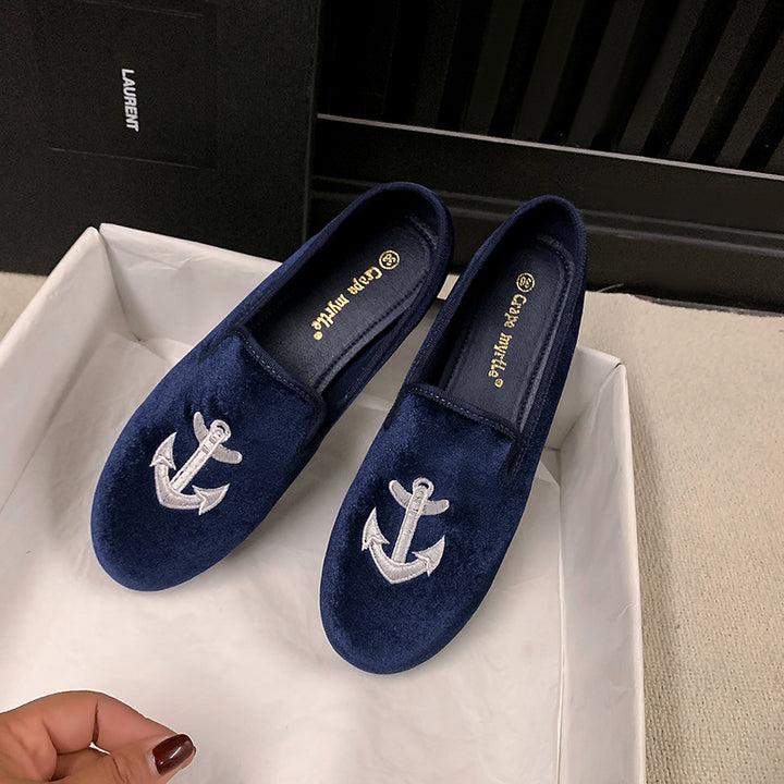 Damen Samt-Slipper mit Sonnenstickerei und goldener Absatzkappe Drune
