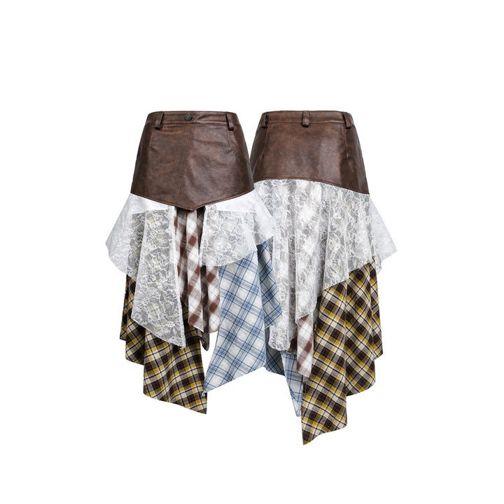 Damen Asymmetrischer Lagenrock mit Kunstlederbund und Karomix Drune