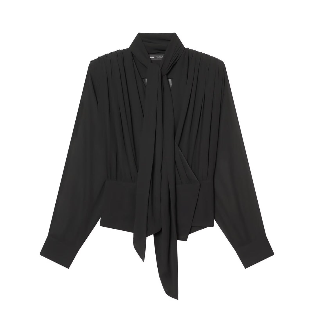 Damen Bindebluse mit Plissee-Details und Schluppe Drune