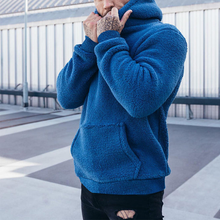 Herren kuscheliger Sherpa-Hoodie mit Kängurutasche und hohem Kragen Drune
