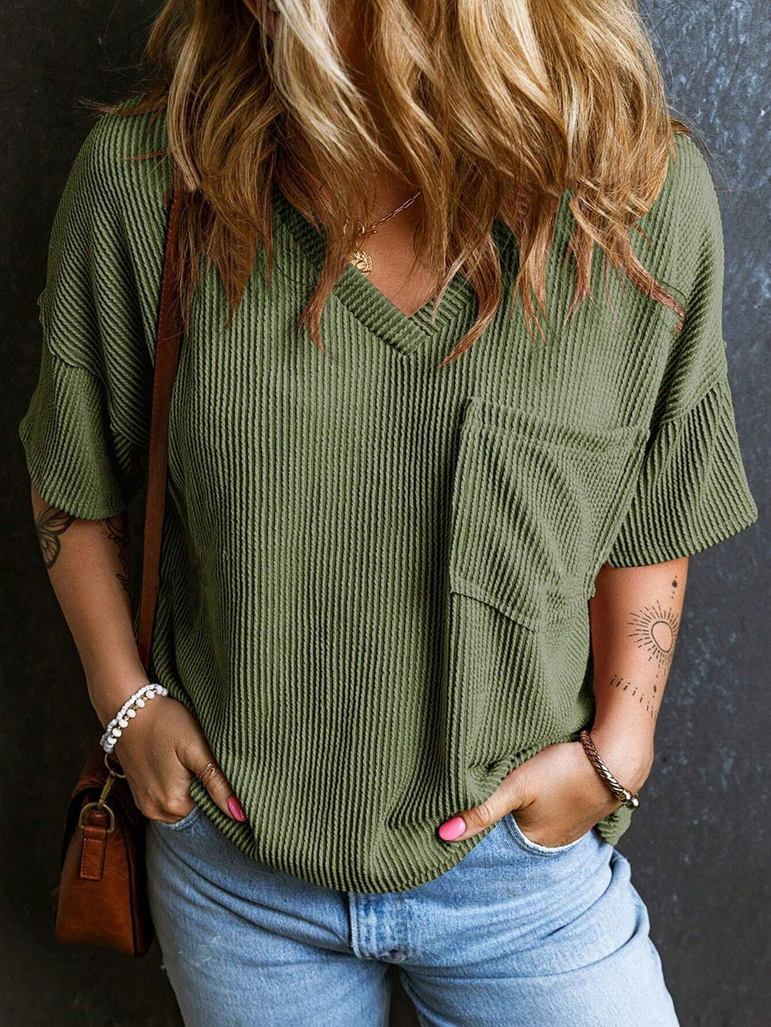 Damen Lässiges Rippstrick Oversize T-Shirt mit V-Ausschnitt und Brusttasche Drune