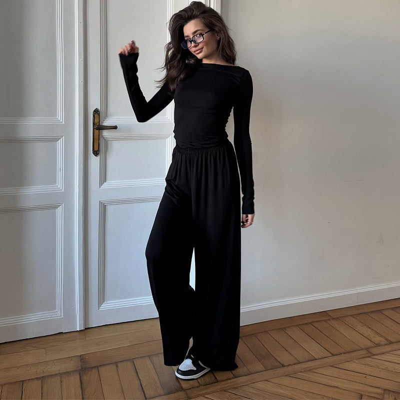 Damen Loungewear Set aus langärmligem Oberteil und weit geschnittenen Hosen Drune