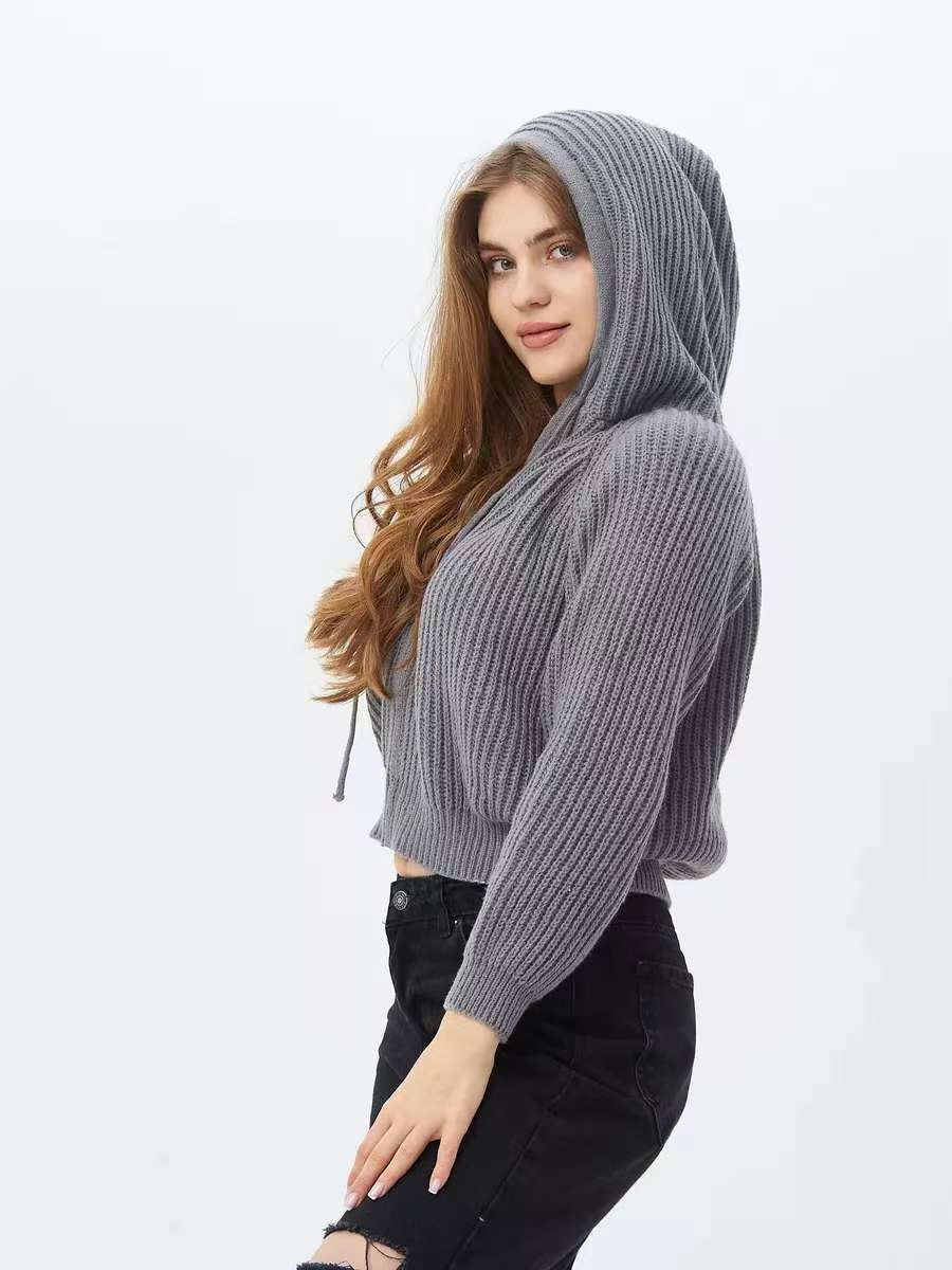 Damen Cropped Hoodie aus weichem Rippstrickmaterial mit praktischen Kordelzügen Drune