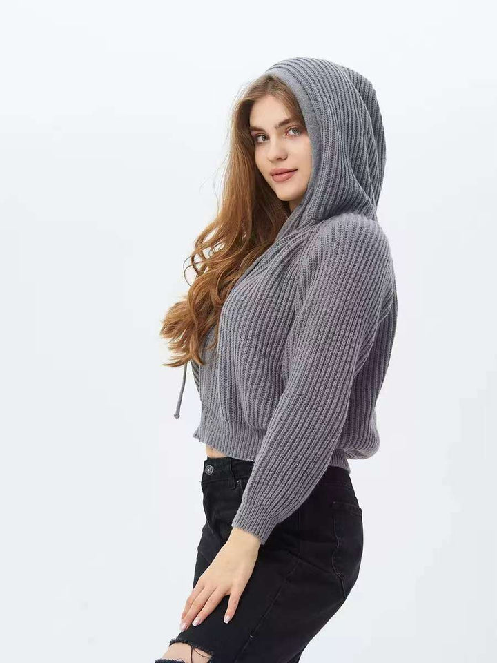 Damen Cropped Hoodie aus weichem Rippstrickmaterial mit praktischen Kordelzügen Drune